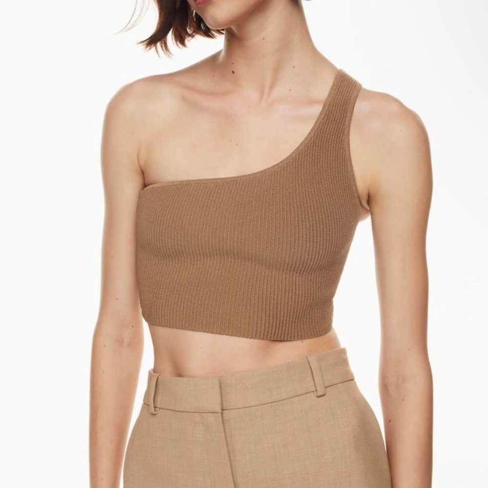 Aritzia Babaton One-Shoulder Tan Ribbed Top